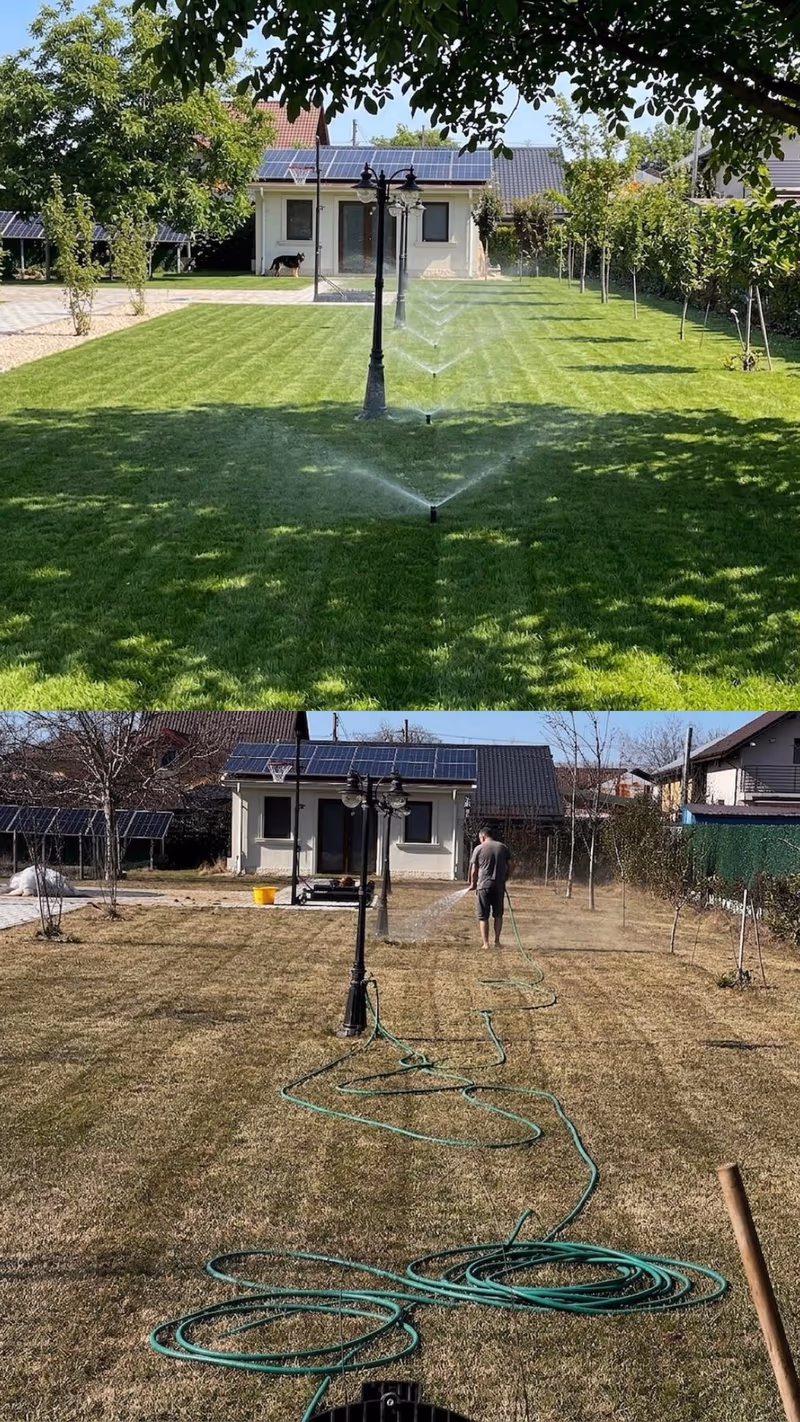 Comparație între udarea manuală cu furtunul și un sistem de irigații automatizat Garden Family