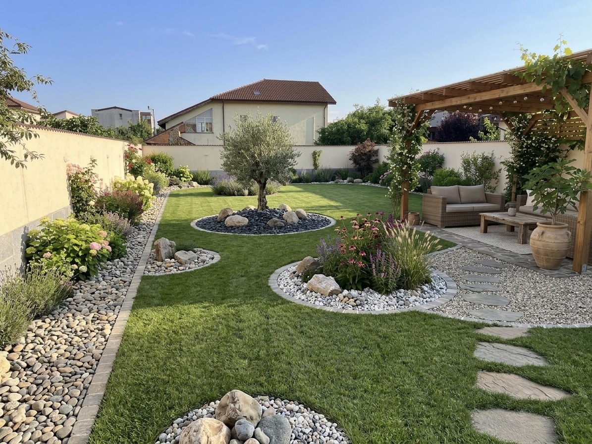 Simulare 3D grădină stil rustic cu piatră decorativă și lemn